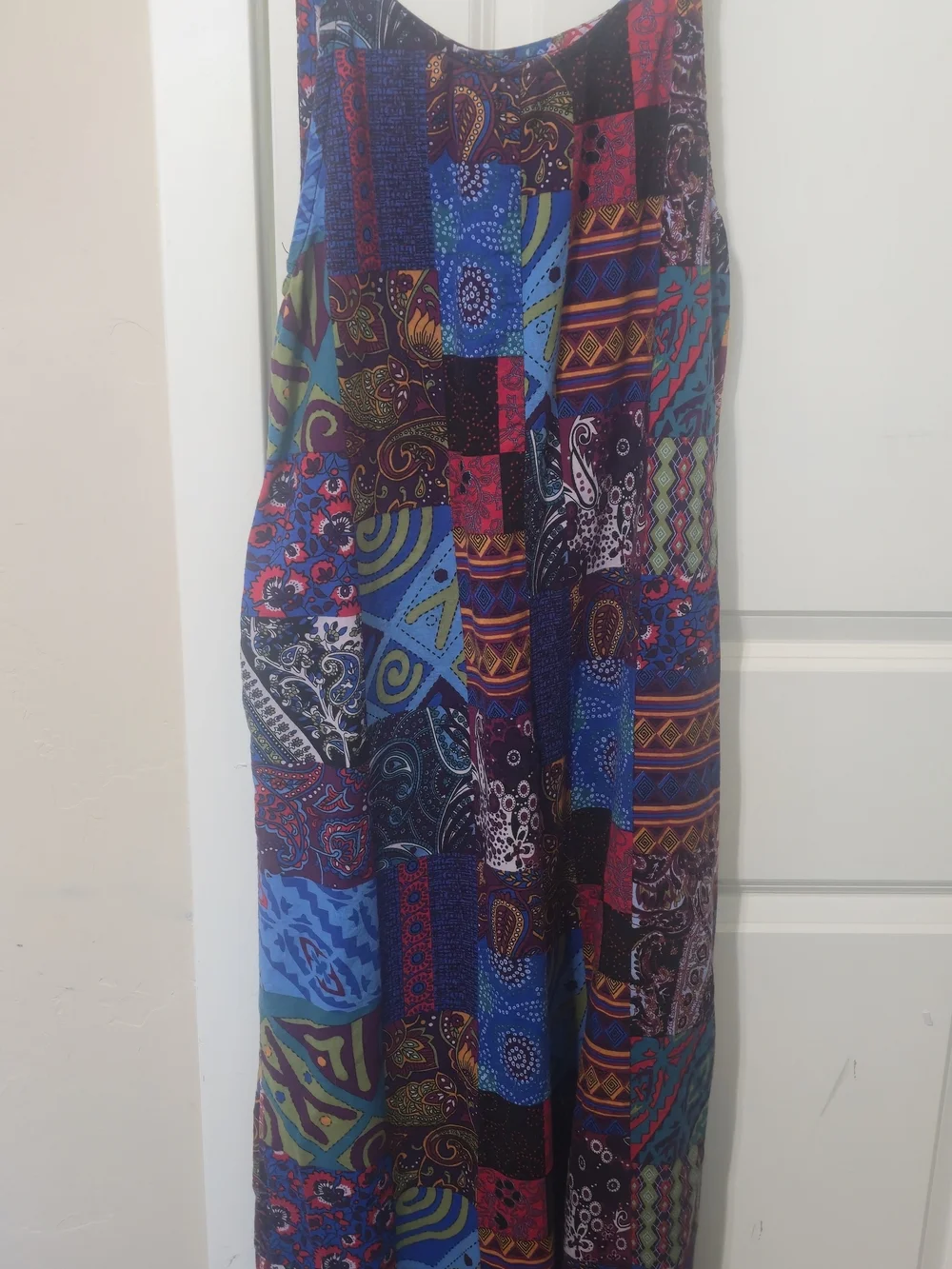 Boho Patchwork Overalls Wide Leg Jumpsuit Colorful Pockets Festival Hippie Med